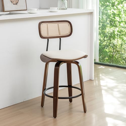 Rattan Bar Stools Set of 2,Counter Height Bar Stools,Swivel Bar Stools with Back,Counter Stools for Kitchen Island,Leather Bar Chairs with Wood Legs