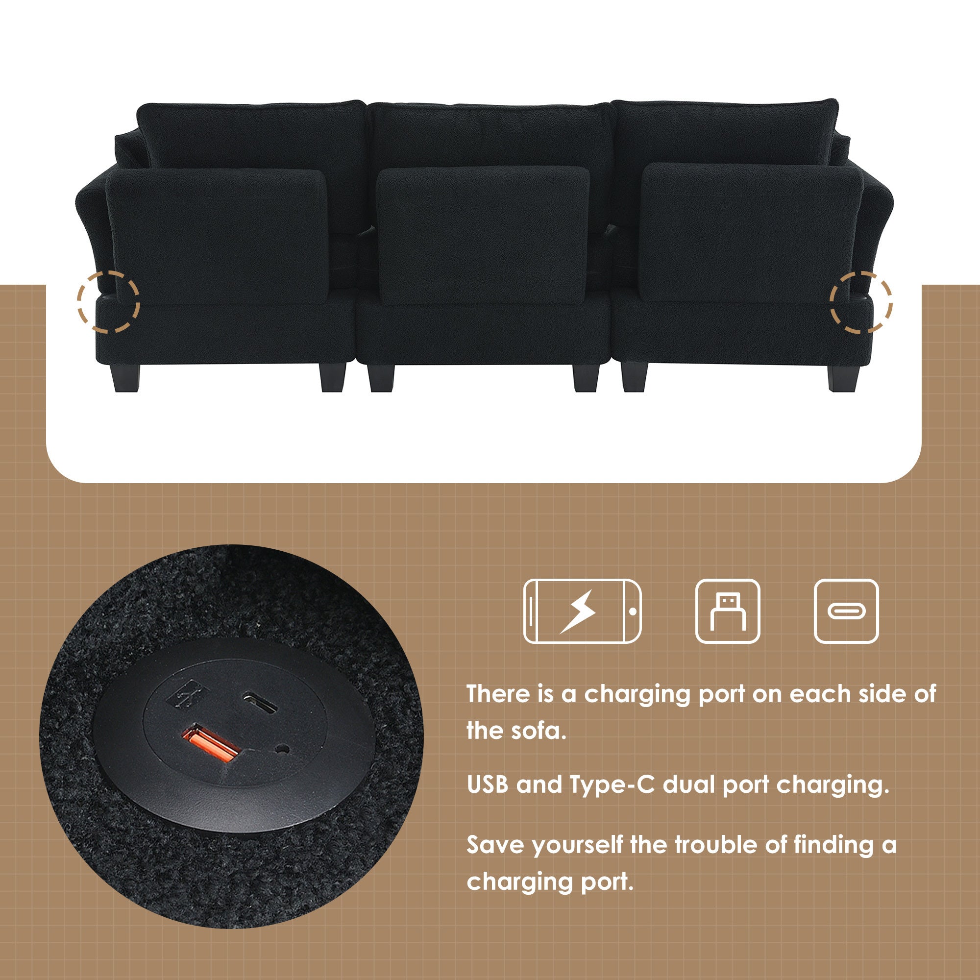 Fayen Velvet Sectional Sofa with Storage Ottoman - Black