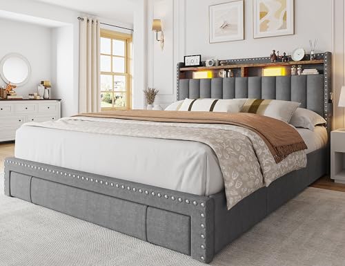EnHomee Queen Bed Frame with 3 Storage Drawers, Upholstered Bed Frame Queen Size with 2-Tier Storage Headboard, Wooden Slats, No Box Spring Needed