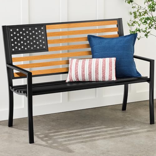 Best Choice Products Outdoor Bench 2-Person Steel Indoor/Outdoor Bench for Garden, Patio, Porch, Entryway w/American Flag, 790lb Capacity – Black