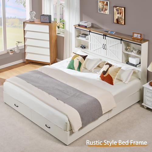 VanAcc Full Size Bed Frame, Wooden Platform Storage Bed with 51.2" Bookcase Headboard, 2 Drawers