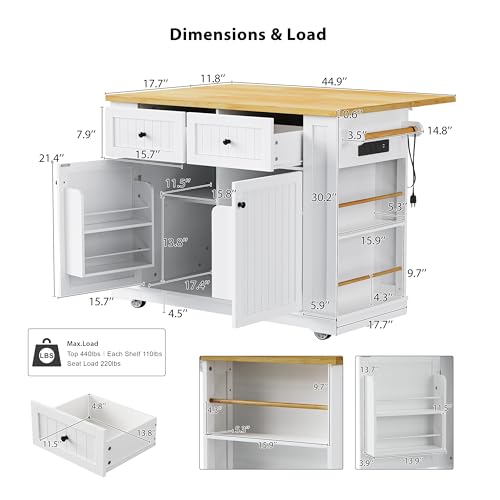 Rolling Kitchen Island with Drop Leaf & Power Outlet, Large Kitchen Islands Cart on Wheels
