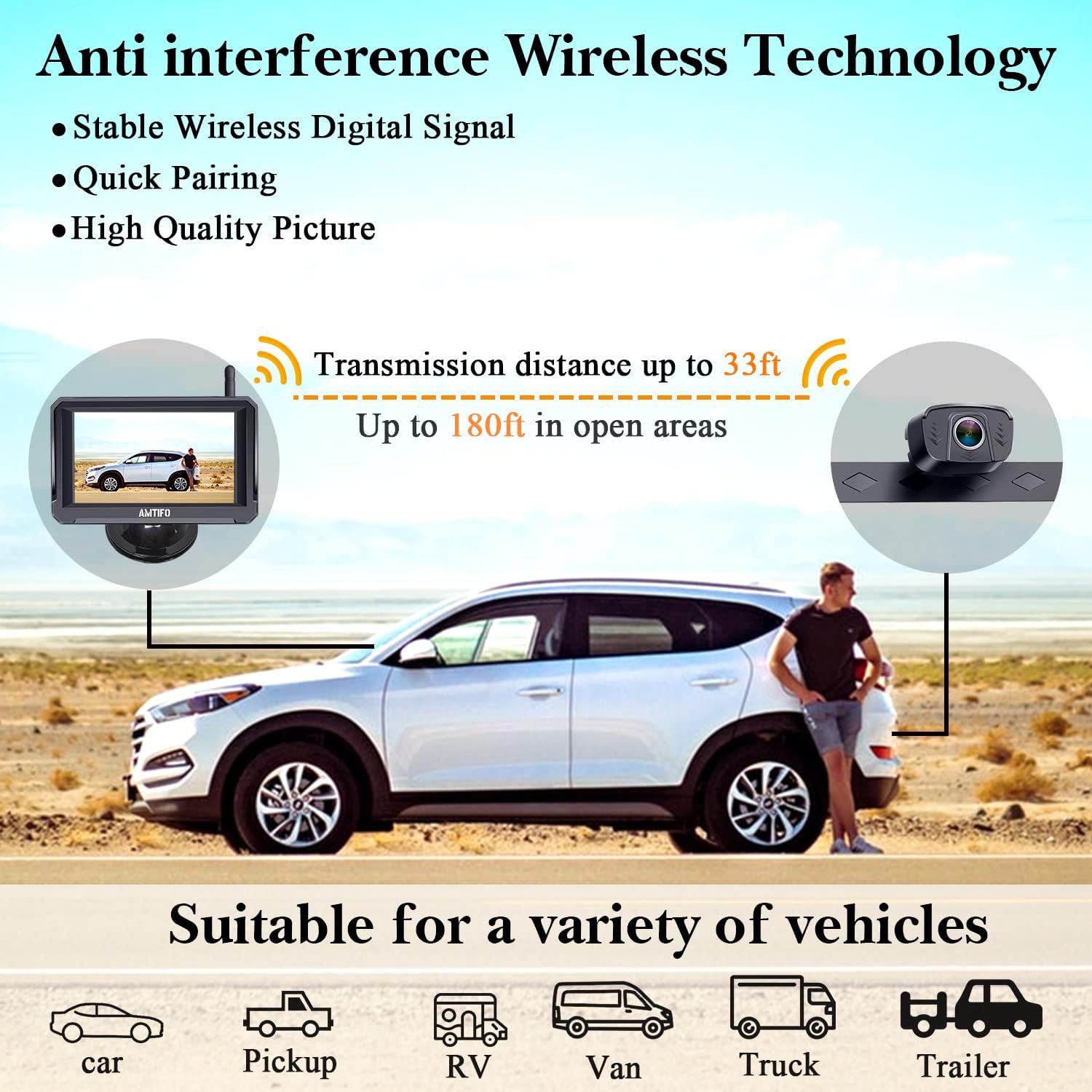 Wireless Backup Camera for Car HD 1080P Truck Bluetooth Backup Camera 5 Inch Split/Full Monitor Rear View System with Digital Signal