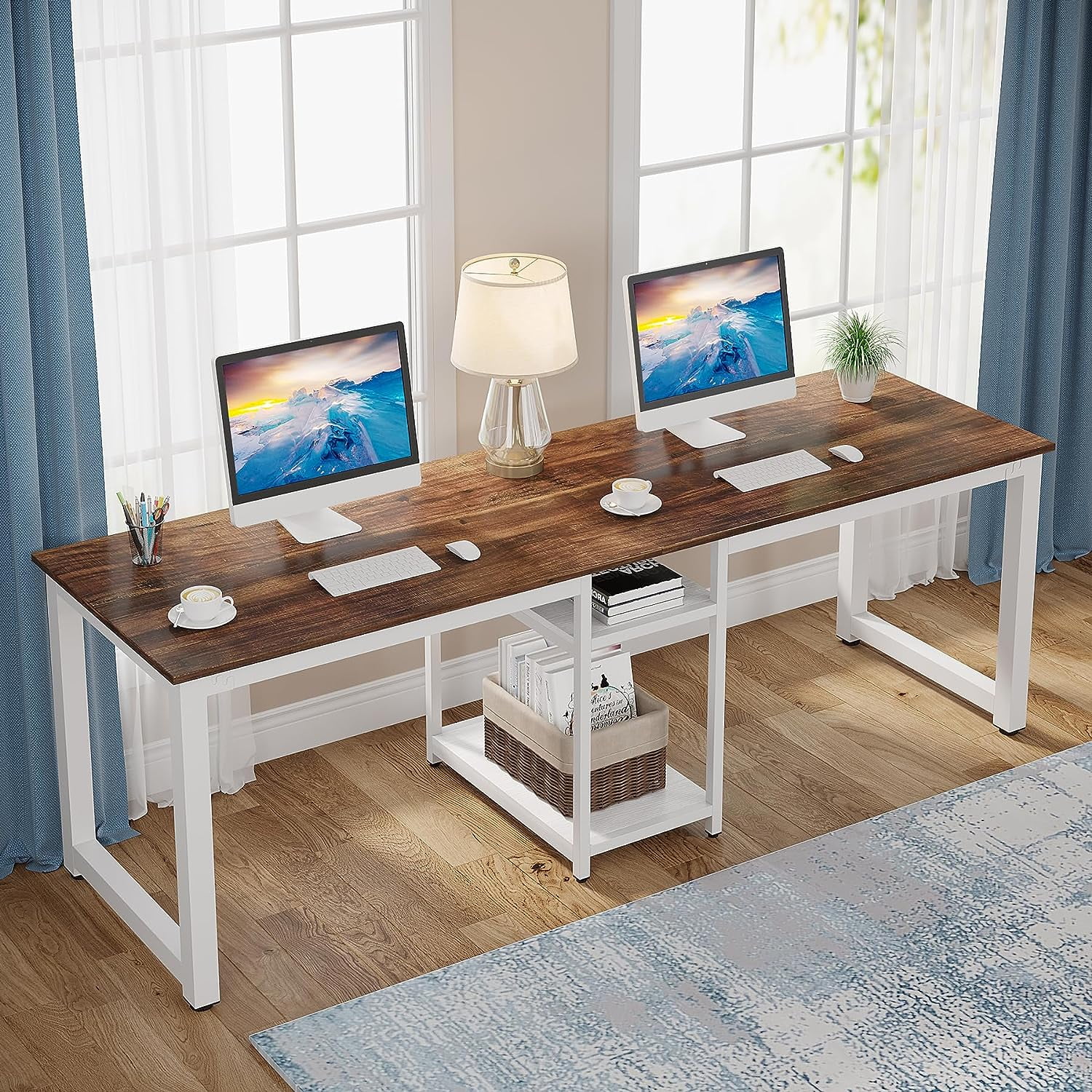 Tribesigns 78" Computer Desk, Extra Large Two Person Office Desk with Shelf, Double Workstation Desk for Home Office (Brown/White)
