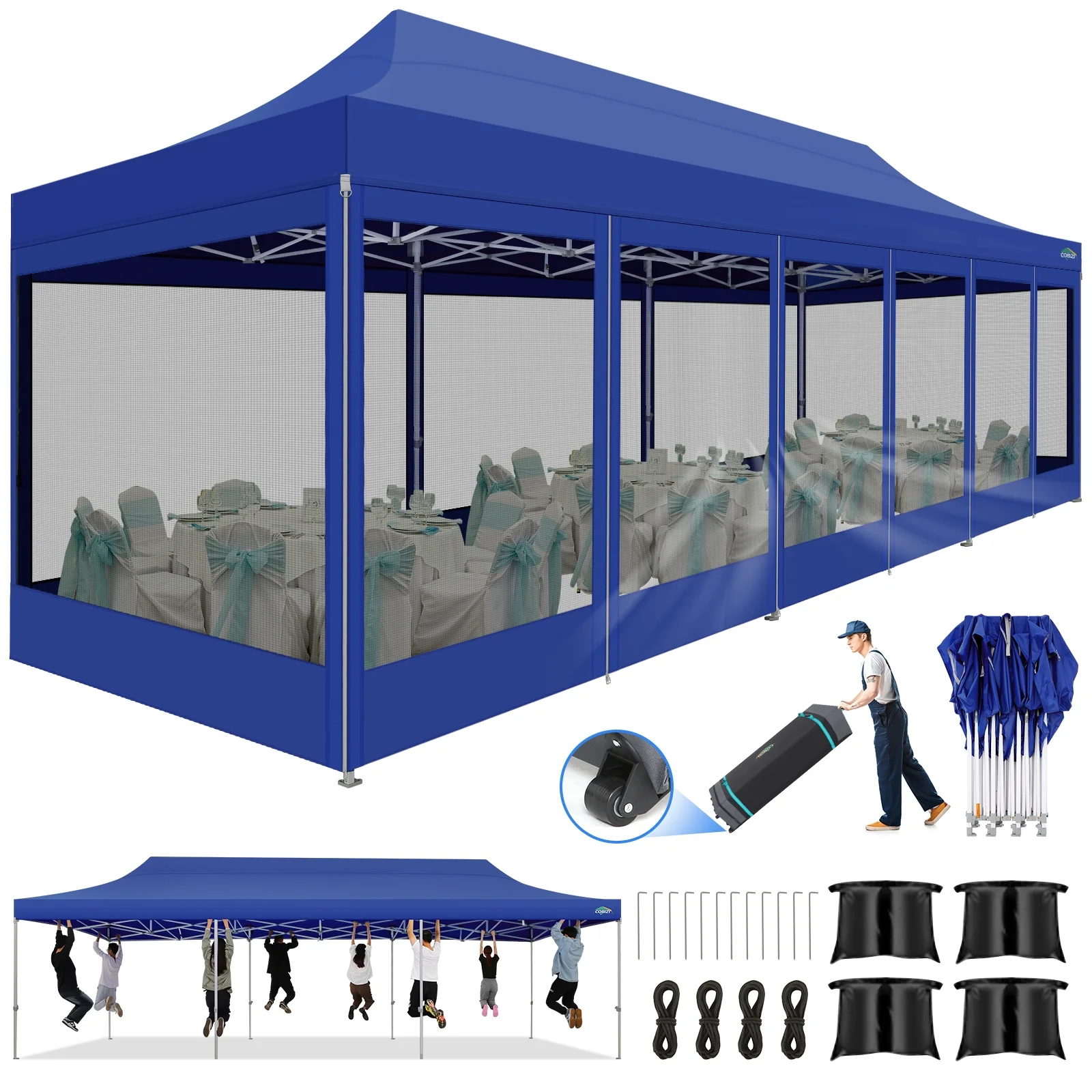 COBIZI 10x30 Canopy Heavy Duty Tent,Pop Up Canopy Gazebo with Netting Screened,Waterproof&Sunproof Ez up Canopy with Sidewalls