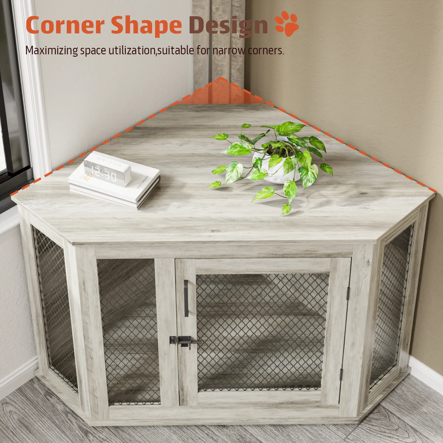 Bossin 44"Corner Dog Crate Furniture，Wooden Dog Kennel Indoor Furniture，Decorative Dog Crate