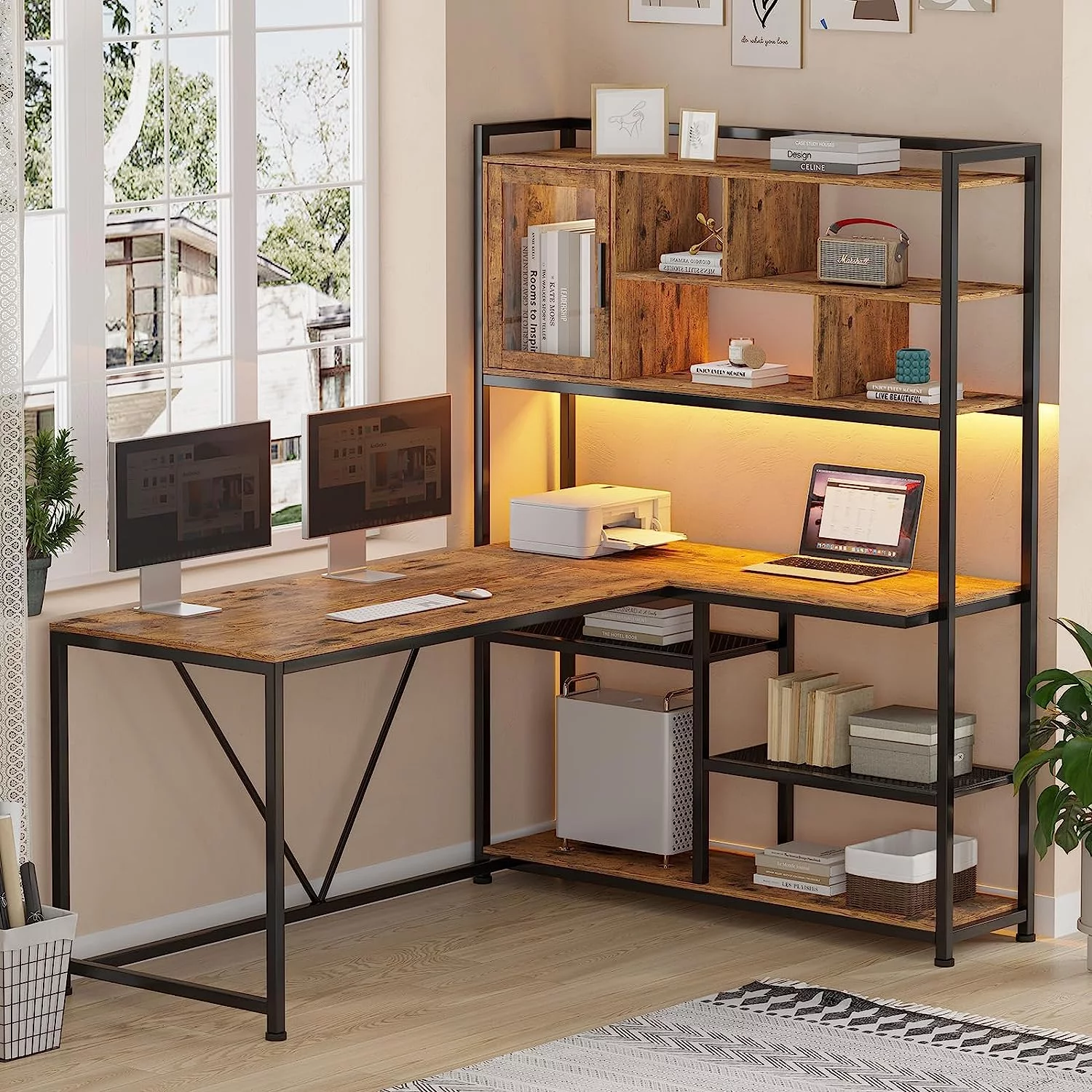 L Shaped Gaming Desk with LED Lights and Bookshelf, 58" Brown Home Office Desk Reversible Corner Computer Desk Table with Storage Shelves