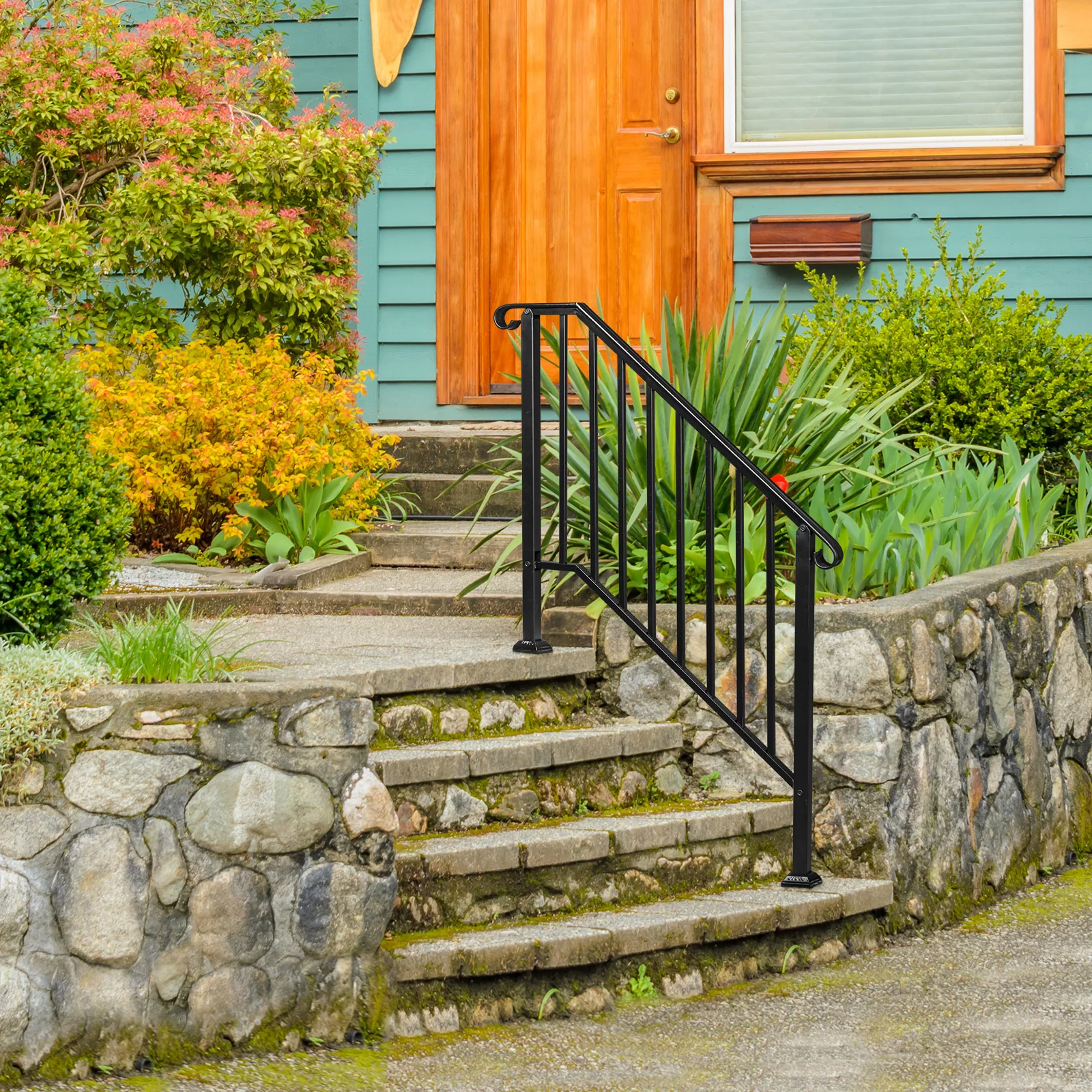 4 Step Handrails for Outdoor Steps, Fit 3 or 4 Steps Outdoor Stair Railing for Concrete Steps, White Wrought Iron Railing