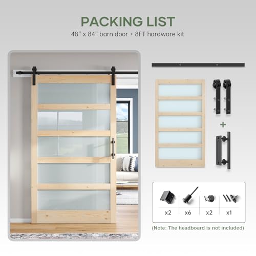42x84 inch Glass Sliding Barn Door Slab with 7ft Hardware Kit Included, 5-Panel Frosted Glass, Spruce Wood Support DIY Dyeing, Easy Assembly