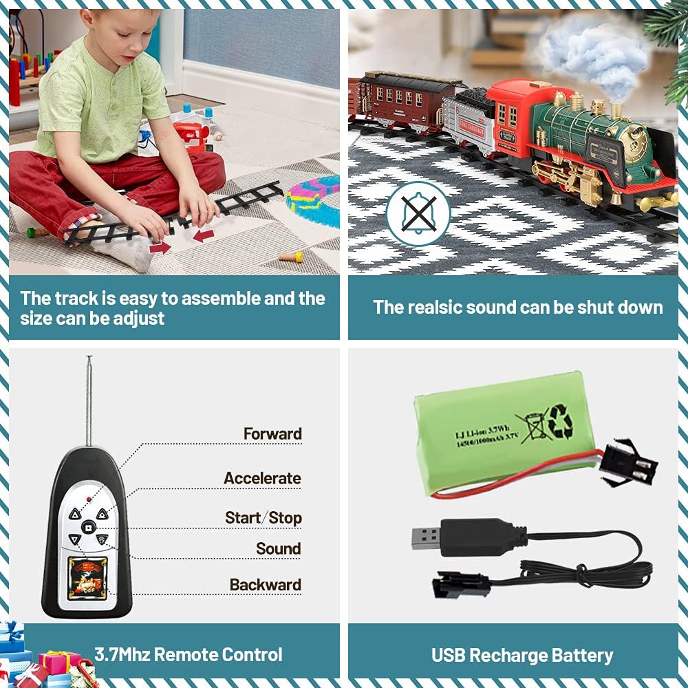 Remote Control Train Set - Electric R/C Train Toy for Kids w/ Smokes,Lights & Sound,Railway Kits w/ Steam Locomotive Engine,Cargo Cars & Tracks