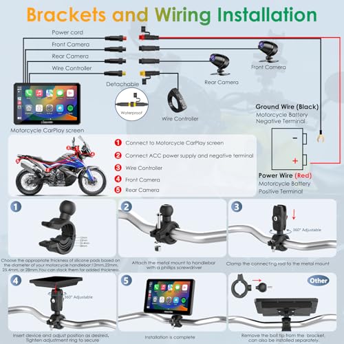 Carpuride W712D Motorcycle Carplay Screen with HD 1080 Dual Dash Cam, Wireless Car Play and Android Auto