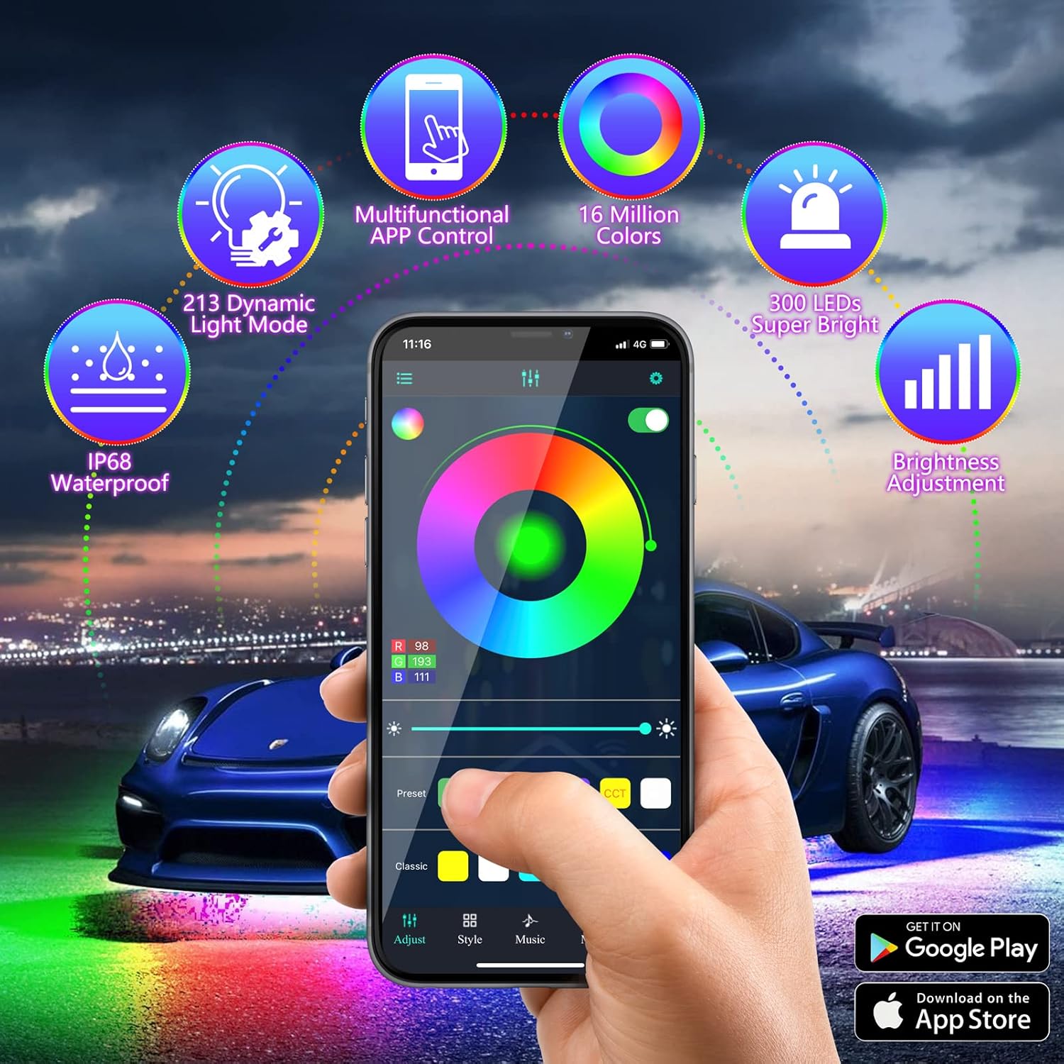Chipcolor 6 Pcs 300 LEDs Car Underglow Light Kit, APP Control 16 Million Colors, Dual Remote Waterproof MagicRGB Exterior Neon LED Car Lights