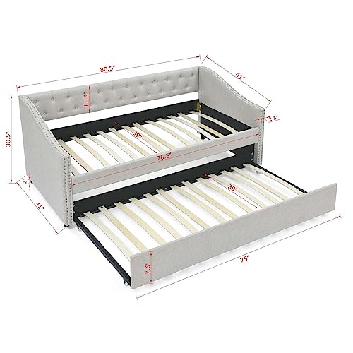 Full Size Upholstered Daybed with Pull Out Twin Trundle, Multifunctional Tufted Sofa Bed Frame with Button Nailtrim Arms and Wood Slat Support