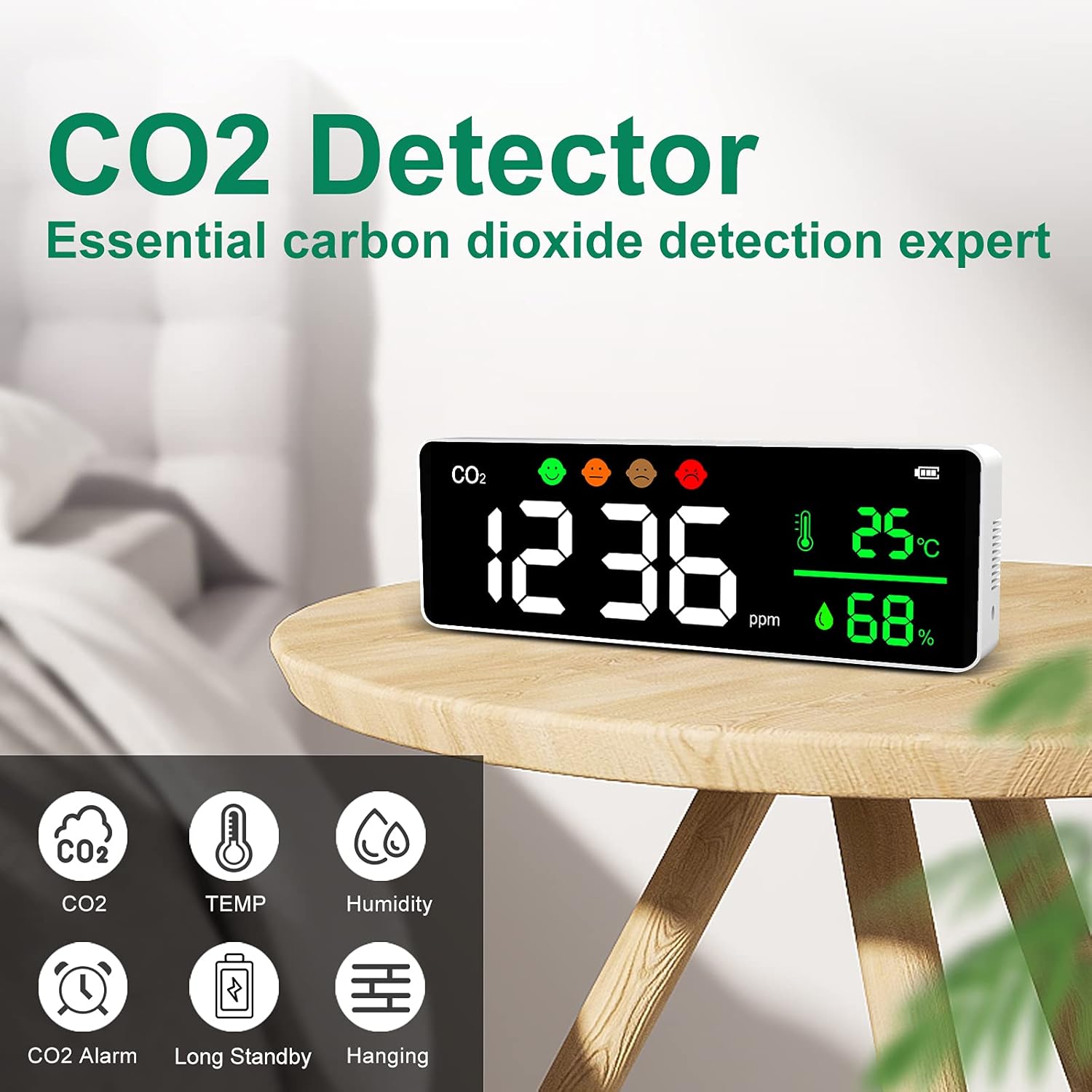 Air Quality Monitor, 3-in-1 Air Pollution Carbon Dioxide Detector, Temperature & Humidity Meter, CO2 exceeding Alarm