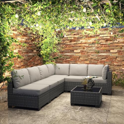 6 Piece Outdoor Patio Furniture Set with Coffee Table, Rattan Deck Conversation Sofa Set