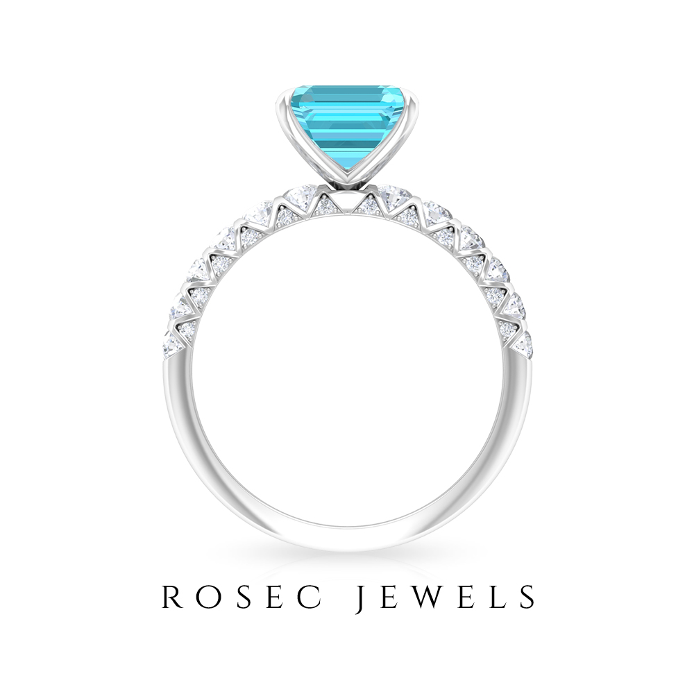 3.75 CT Swiss Blue Topaz Solitaire Ring with Diamond Side Stones (8 MM Asscher Cut Swiss Blue Topaz), 925 Sterling Silver, US 4.00