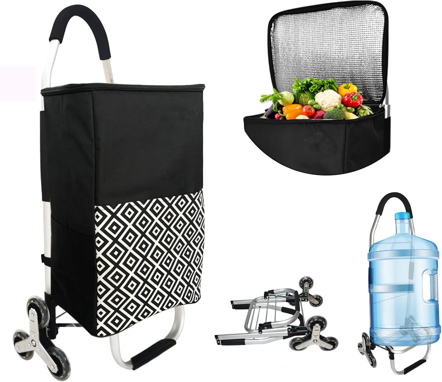3 in 1 Insulated Shopping Cart Multipurpose Stair Climbing Utility Cart Travel Camping Rolling Cooler with Adjustable Bungee Cord Waterproof