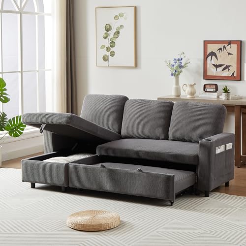 L-Shaped Pull Out Sleep Sofabed,Modern Reversible Sleeper Sectional Sofa Chenille Upholstered Button Tufted Decor with Storage Chaise