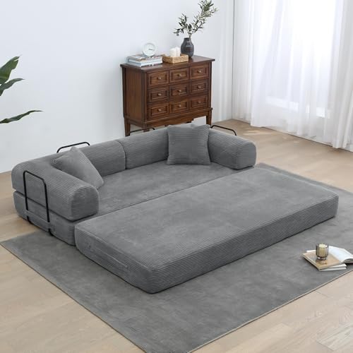 Convertible Sleeper Sofa Bed with Cylindrical Pillow, Corduroy Folding Mattress Couch with Fixed-Shape Frame