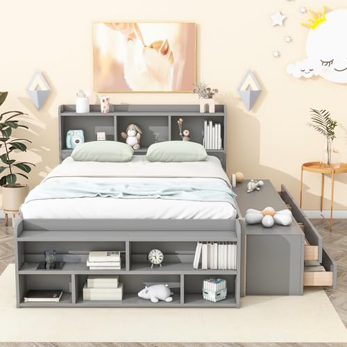 SOFTSEA Full Size Platform Bed with Storage, Platform Bed with Drawers and Bed End Case, Wood Platform Bed Frame with Storage Bookcase Headboard