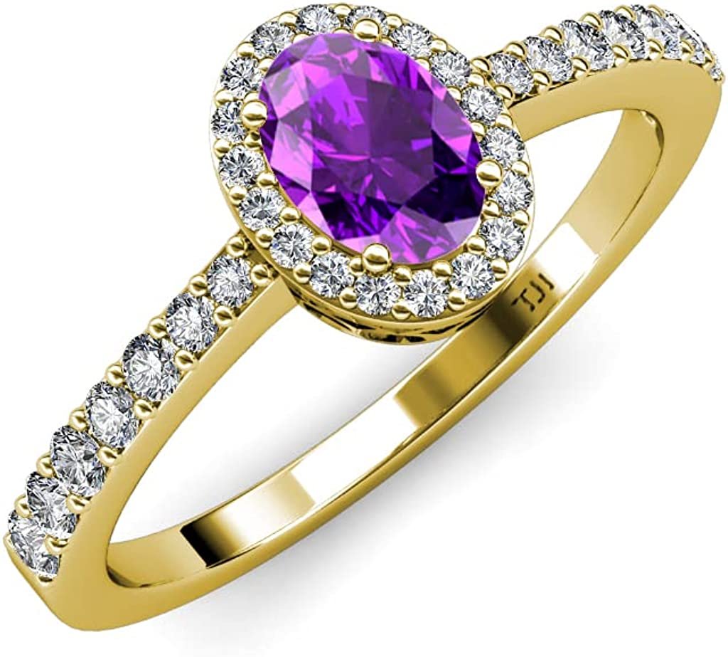 Oval Amethyst & Natural Diamond 8x6 mm Halo Engagement Ring 1.73 Carat tw 14K Yellow Gold.size 8.5