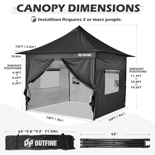 OUTFINE Heavy Duty Canopy 10x10 Pop Up Commercial Canopy Tent with 3 Side Walls Instant Shade, Bonus Upgrade Roller Bag, 4 Weight Bags