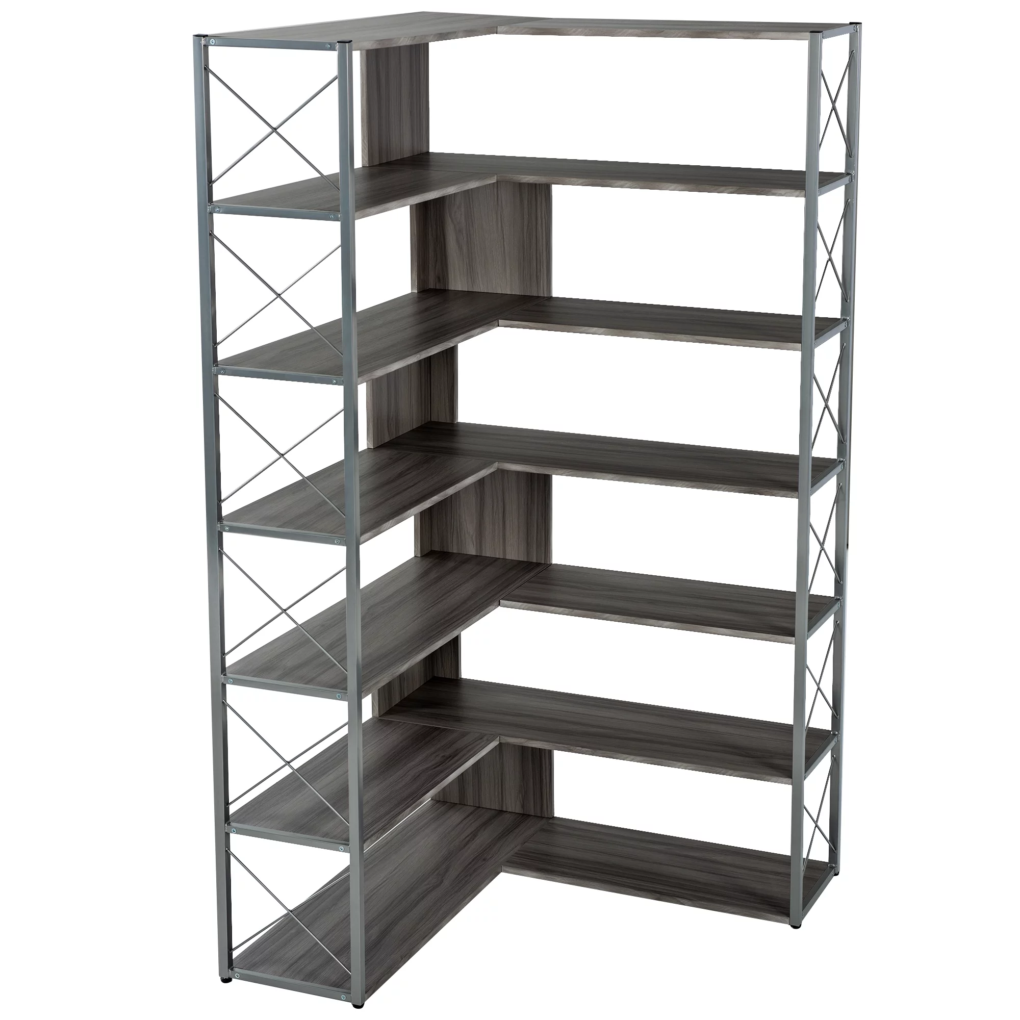 Industrial 7 Tier L-Shaped Corner Bookshelf, Large Home Office Bookcase with Metal Frame, Tall Storage Shelf Display Rack