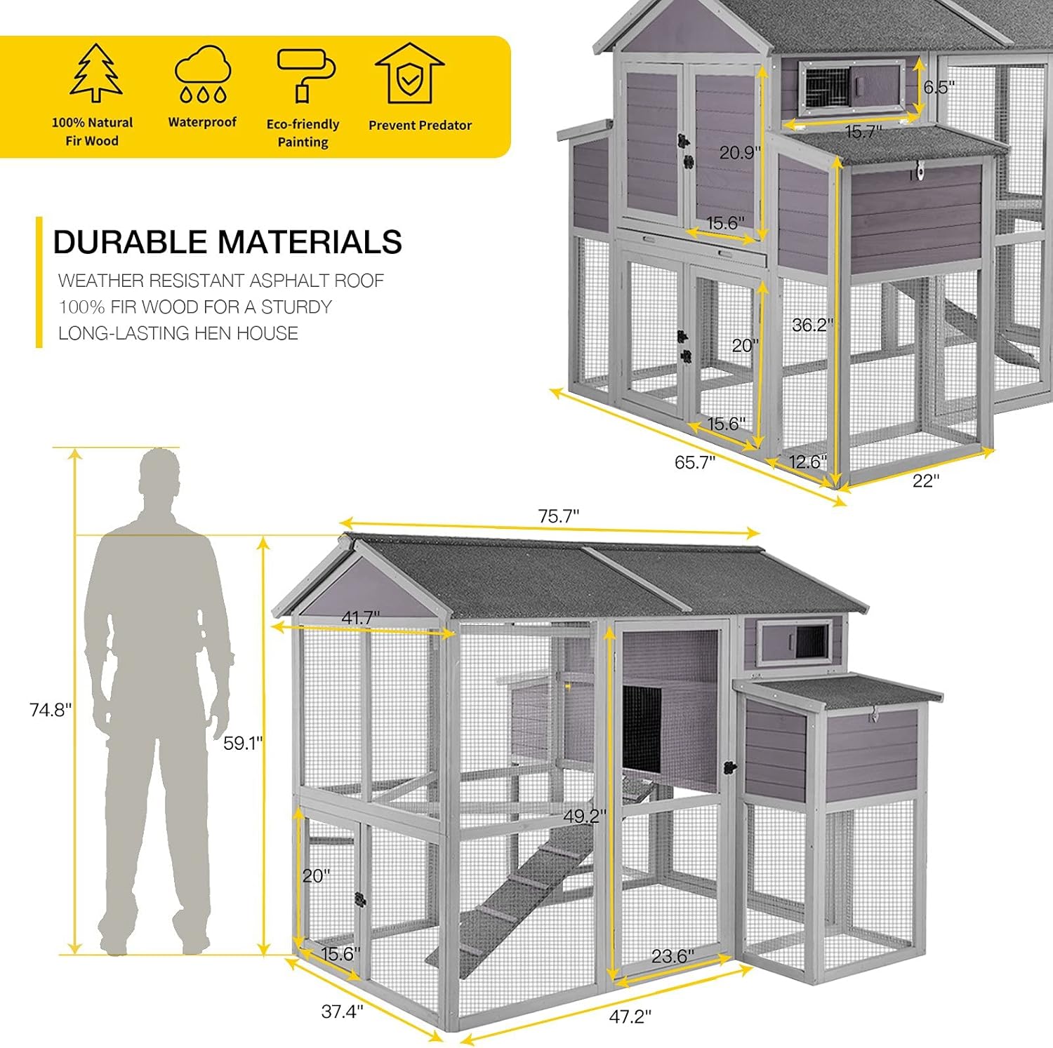 Chicken Coop Multi-Levels Hen House with Run Poultry Cage with Large Nesting Box, Super Large Activity Space