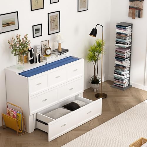 ECACAD Multi-Functional 2-in-1 Murphy Cabinet Bed, Full Size Bed Frame Murphy Bed Chest with Built-in Power Strip & 3 Drawers