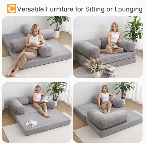 COMAX Folding Sofa Bed, Convertible Chair Bed Corduroy 3-in-1 Foldable Floor Couch with High-Density Foam, Futon Sofa Sleeper Mattress