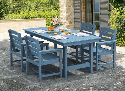 SERWALL Outdoor HDPE Dining Table Set, 7-Piece Outdoor Dining Table Sets with Umbrella Hole Cut-Out Table and 6 Chairs, Gray