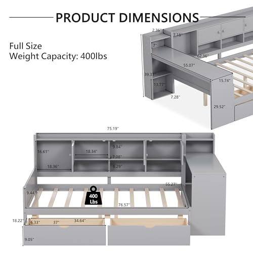 Corner Twin Bed Frame with Bookcase Storage and Desk, Wood Day Beds with 2 Drawers, Twin Size Daybed with Storage for Living Room