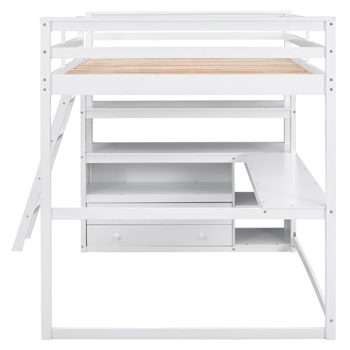 Full Size Loft Bed with Desk & Wardrobe, Solid Wood Kids Loft Bedframe w/3 Storage Drawers & 2 Shelves, Maximum Space Design, for Bedroom, Dorm, Gray