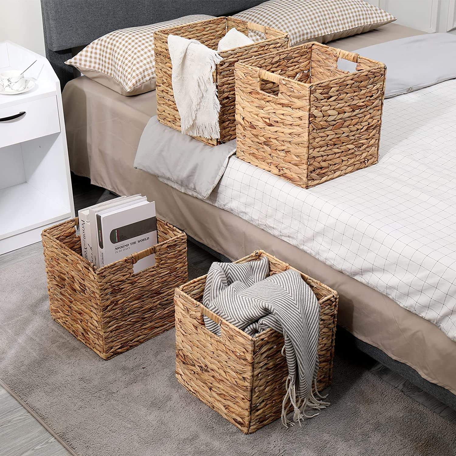 Foldable Handwoven Water Hyacinth Storage Baskets, Set of 4 Pcs, 12x12x12inch Rectangular Laundry Organizer