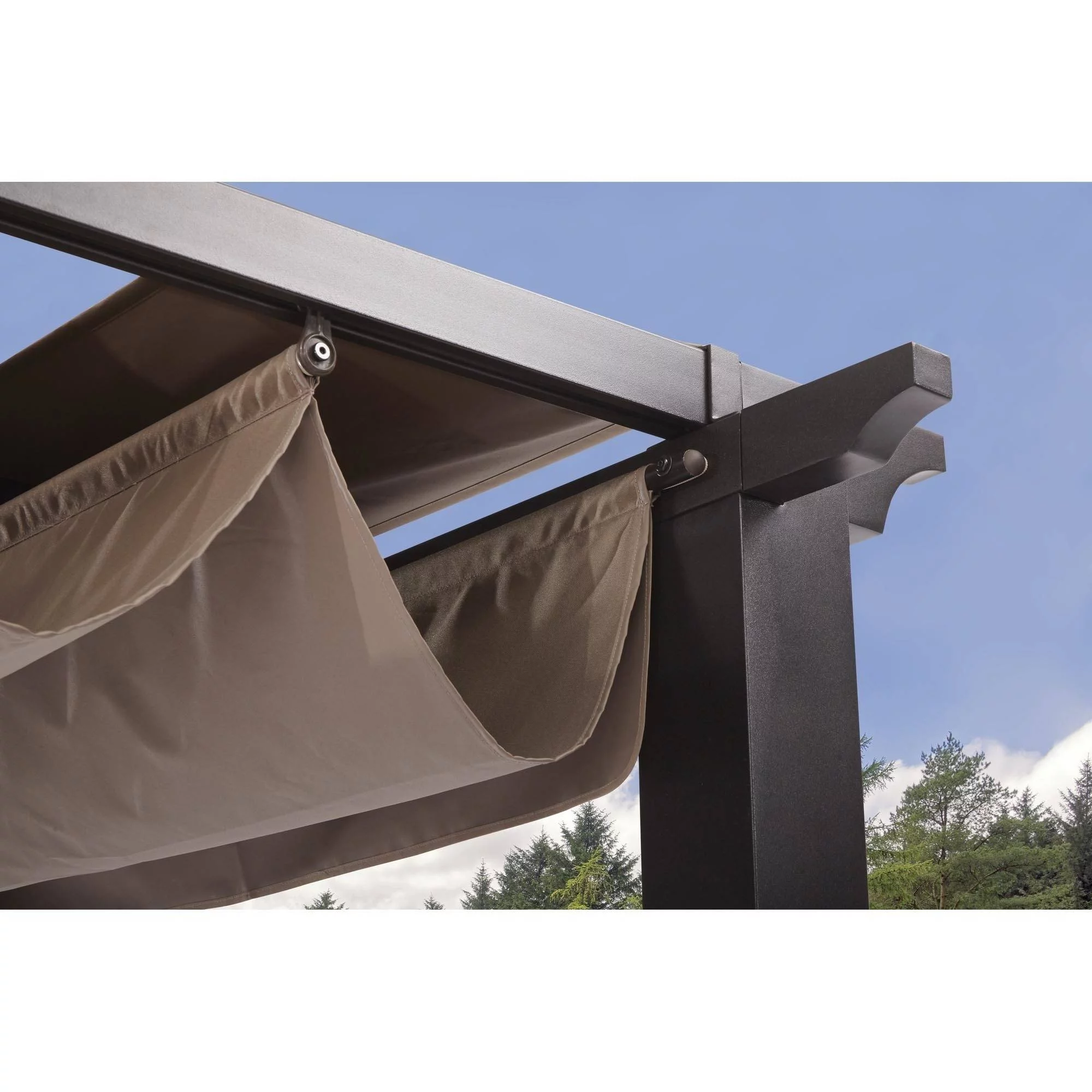Better Homes & Gardens Meritmoor 9'L x 8.6'W x 7.7'H Steel Pergola with Canopy, Black/Beige