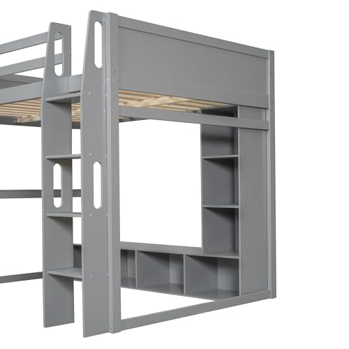 SOFTSEA Full Size Loft Bed with Desk and Storage, Solid Wood Loft Bed with Open Wardrobe and Multi-Storage Shelves
