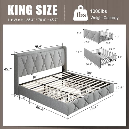 Queen Bed Frame with 4 Storage Drawers and Charging Station, Upholstered Platform Bed Frame with Storage Headboard, No Box Spring Needed