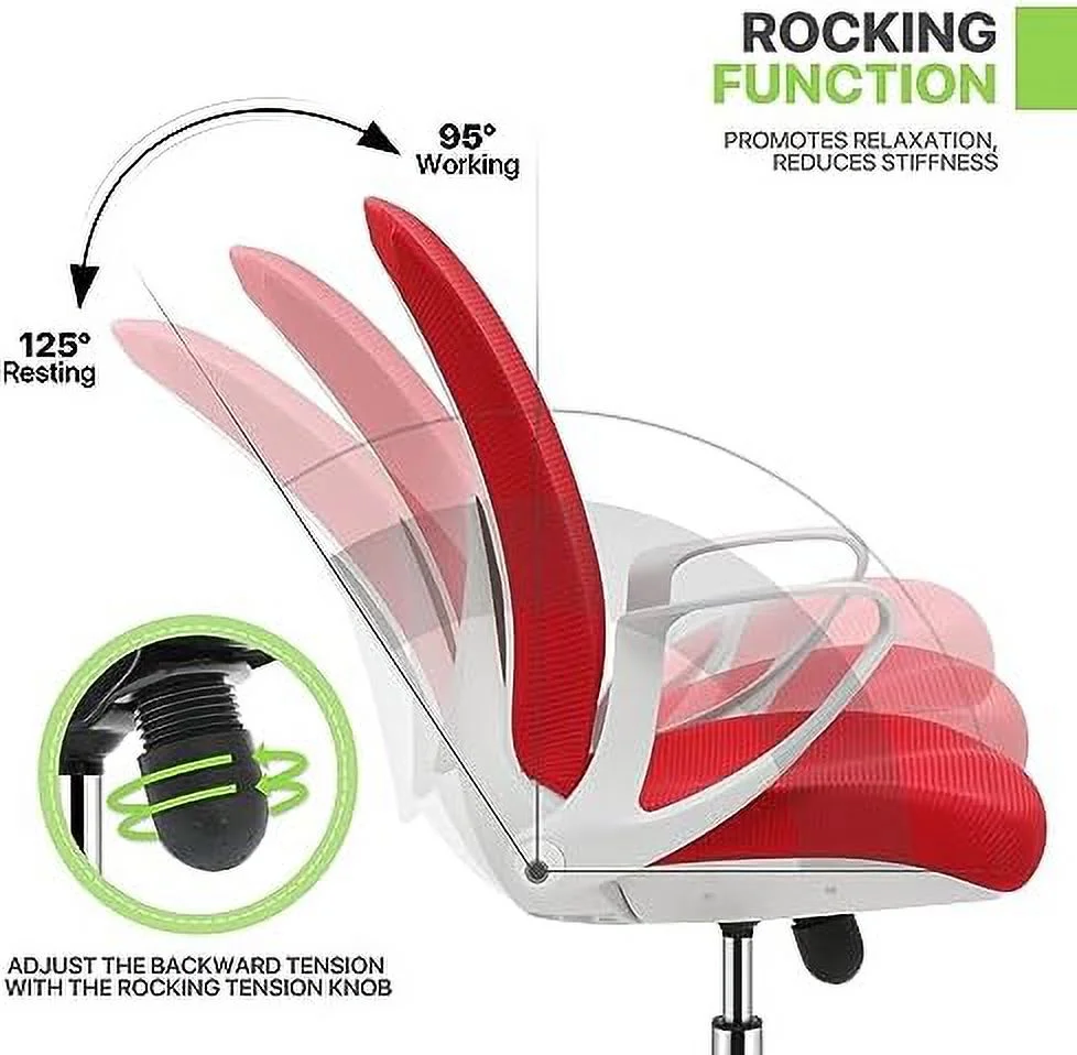 Office Desk Chair Mid-Back Mesh Swivel Chairs  Ergonomic Office Computer Chair with Flip-Up Arms  Red