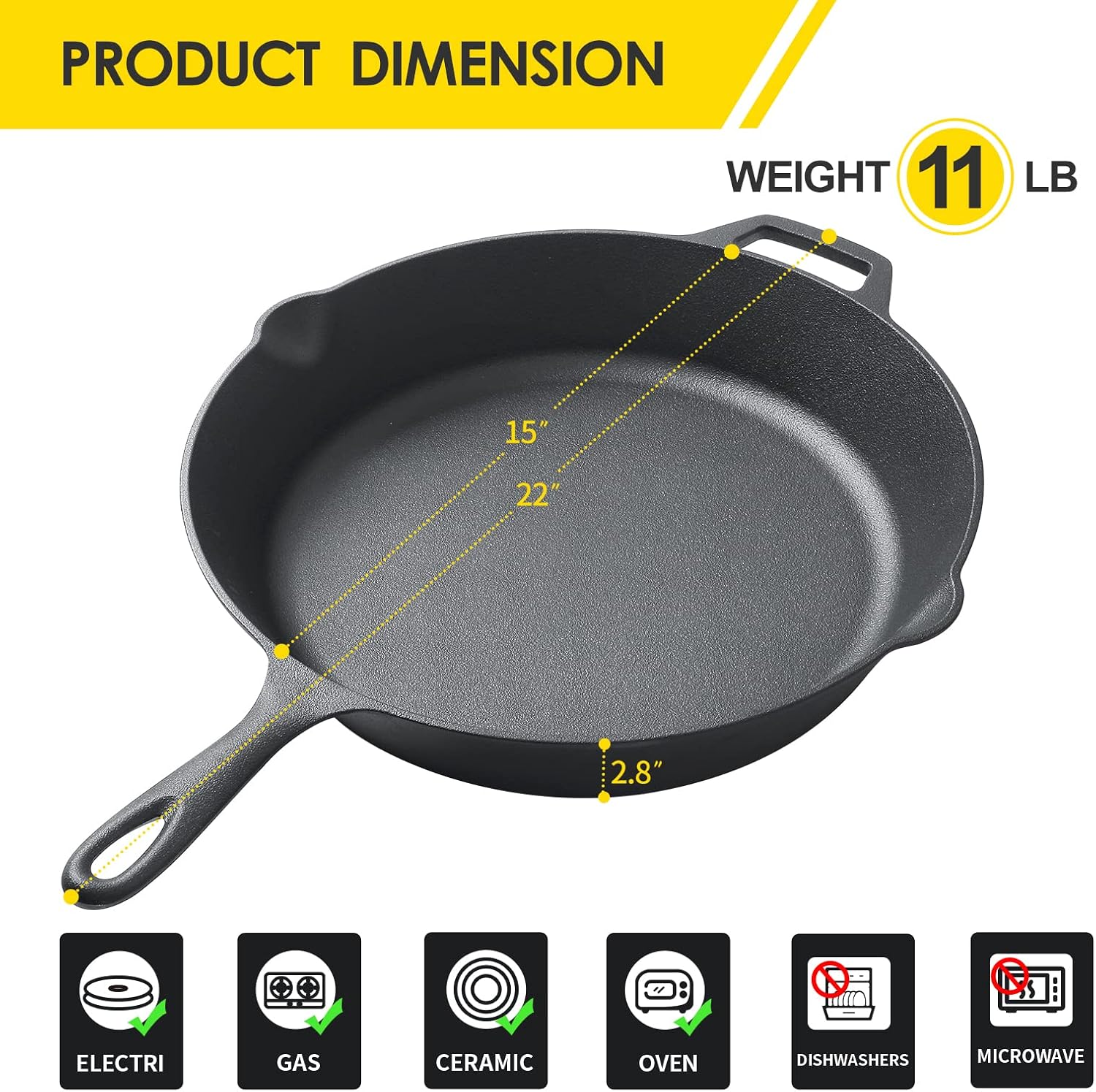 Pre-Seasoned Cast Iron Skillet ,Seasoned Large 15 Dual Handle Frying Pan, Cast Iron Pan for Bread, Baking,Pizza, Indoor / Outdoor Cooking, Camping