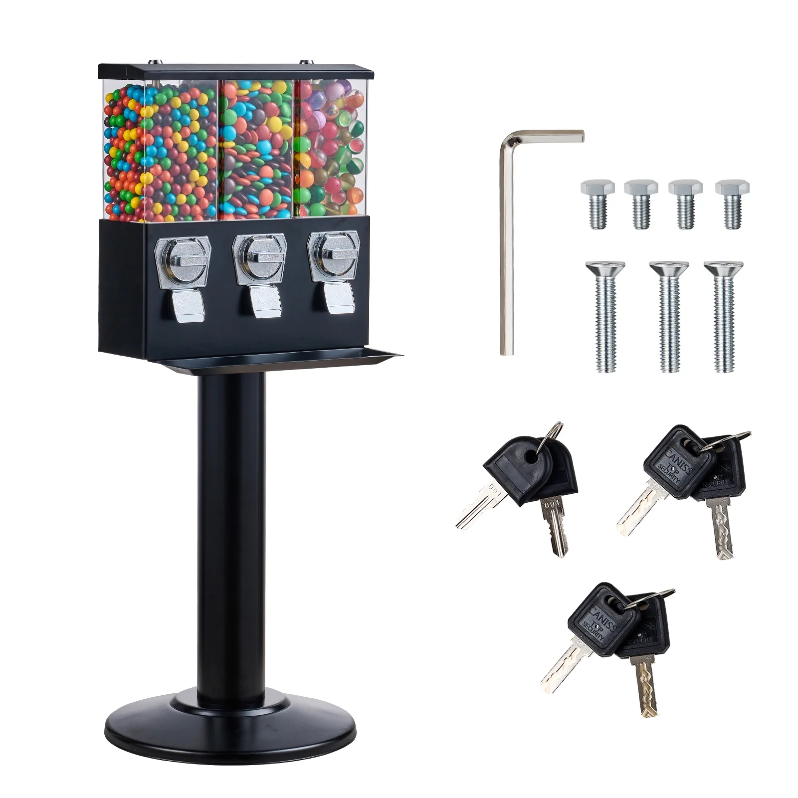 SKYSHALO Black Gum Ball with Stand Vending Machine 44in Height Freestanding Commercial 25 Cents Coin Operated Gumball Bank 3 Compartment Candy