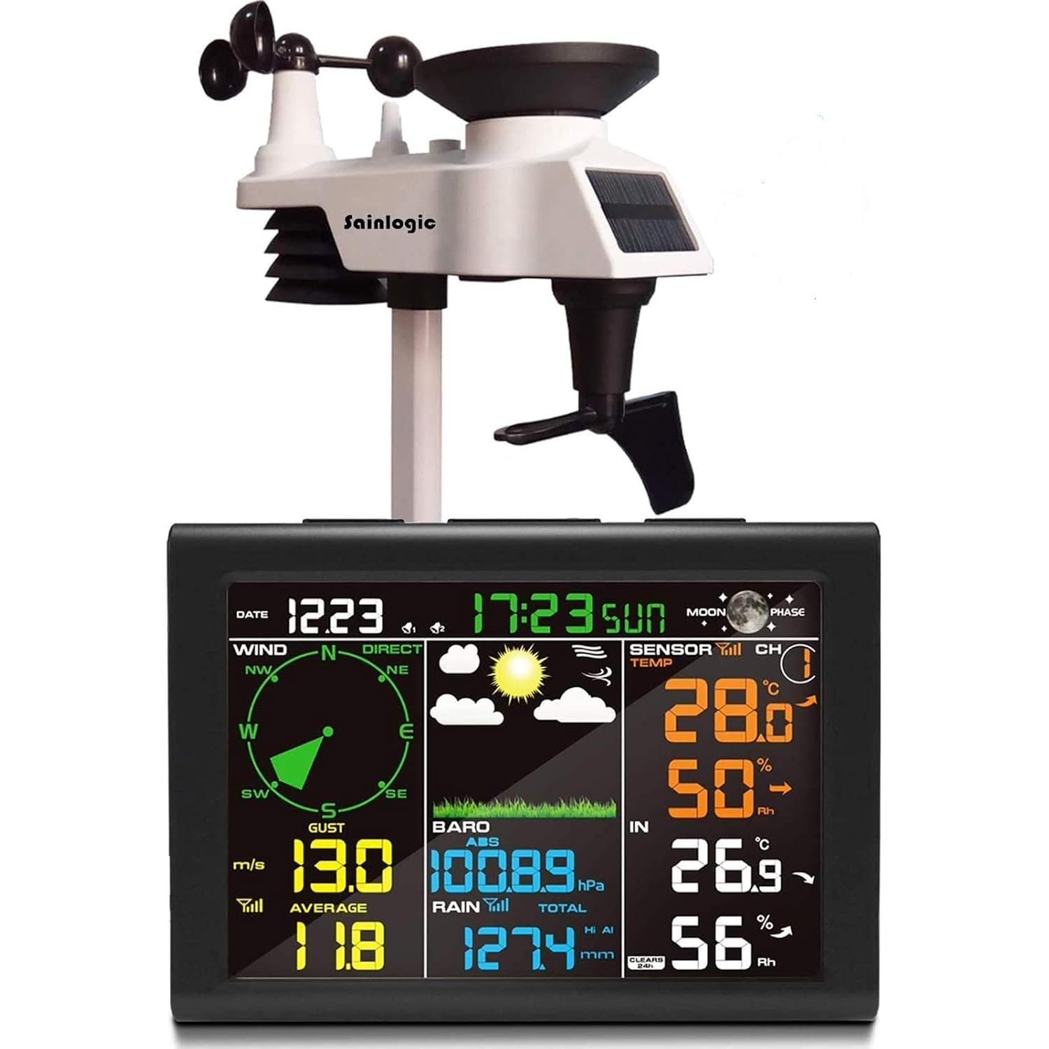 Sainlogic Wireless Weather Station with Outdoor Sensor, 5-in-1 Weather Station Indoor Outdoor with Rain Gauge,Weather Forecast, Temperature, Humidity