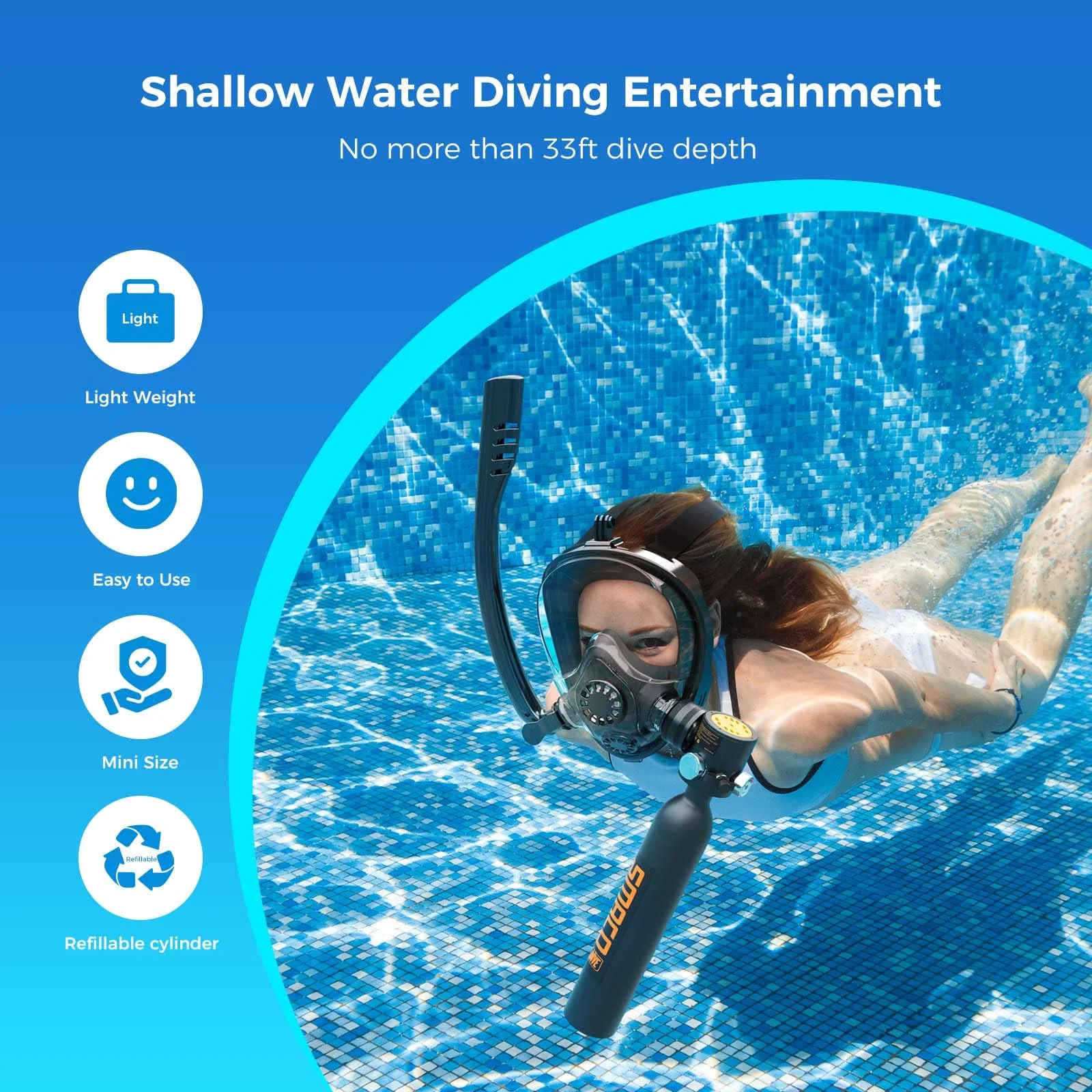 SMACO S300P Scuba Tank with Sub-Mask Mini Scuba Tank 0.5L Provide About 6 Minutes Underwater Breath Within 30ft Diving Depth