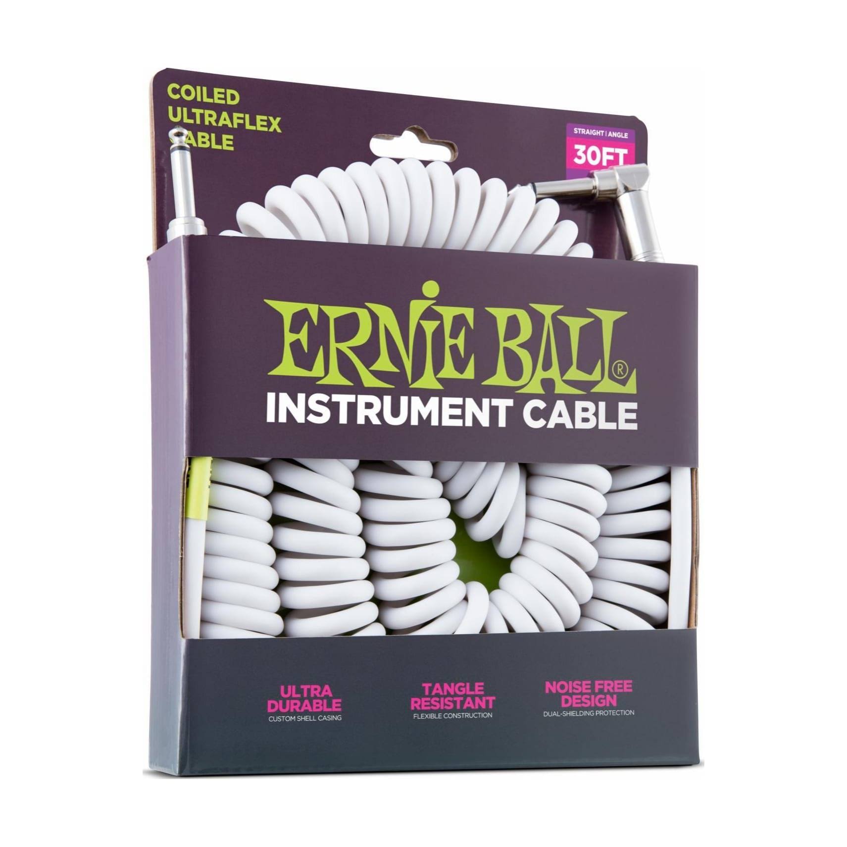 Ernie Ball 30& Coiled Straight / Angle Instrument Cable - White