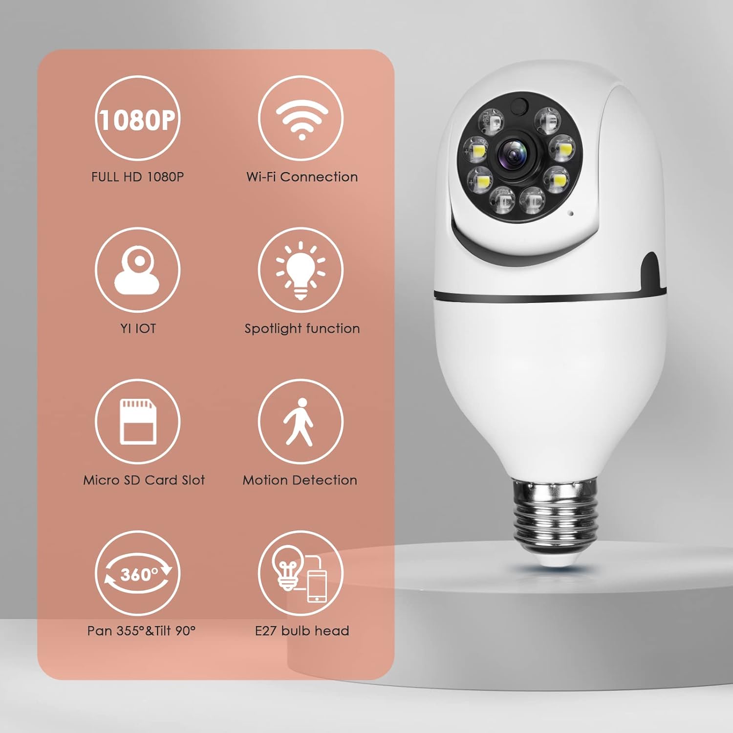 PTZ E27 Bulb Wireless Security Camera,1080P 360 Degree Panoramic Connector with WiFi,Human Motion Detection Alarm