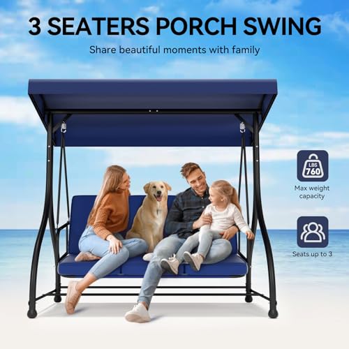 3-Seat Outdoor Porch Swing Glider with Adjustable Canopy, Patio Swings Bed with Removable Cushion for Porch, Backyard, Garden, Poolside, Balcony