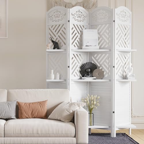 Room Divider with Shelves, 5.75ft Tall Folding Wood Carved Screen with Double Hinges for Home Office Bedroom Hotel Decoration (6 Panels, Natural)