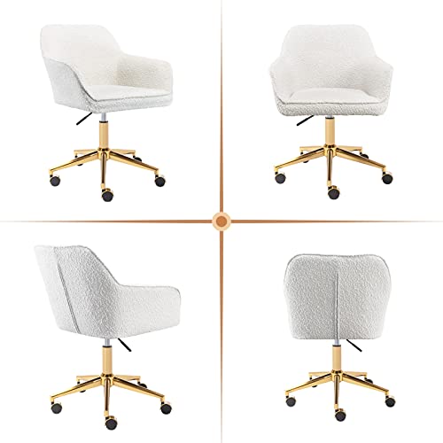 Zesthouse Modern Desk Chair with Wheels, White Swivel Vanity Chair for Girls Women, Upholstered Home Office Chair Boucle Armchair for Bedroom