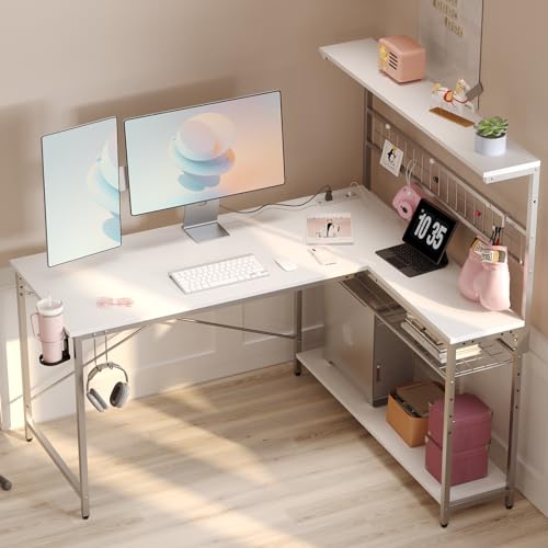 Bestier 42 L Gaming Desk,Computer Desk with Power Outlets, LED Lights, Reversible Corner Desk with 4-Tier Shelves,Cup Holder & Hook Carbon Fiber Black