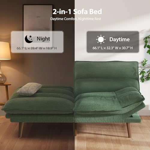 Pipishell Convertible Futon Sofa Bed,66" Corduroy Futon Couch with Adjustable Backrest and Armrests, Recliner Sleeper Sofa for Small Spaces