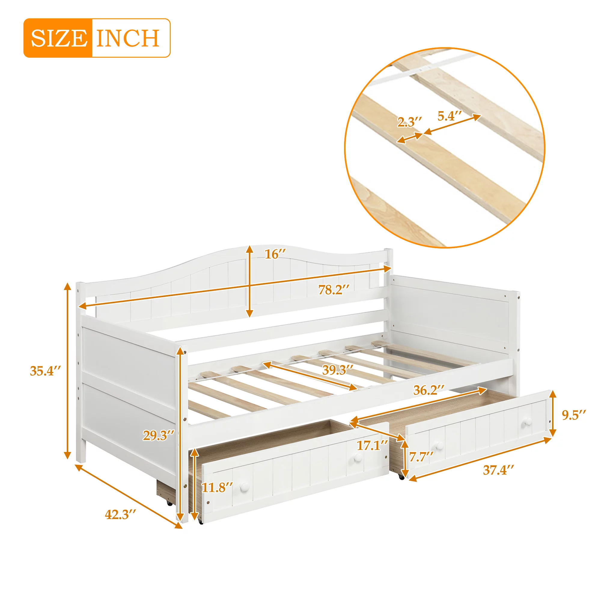 Gewnee Wood Twin Size Daybed with Two Storage Drawers for Kids Bedroom,White